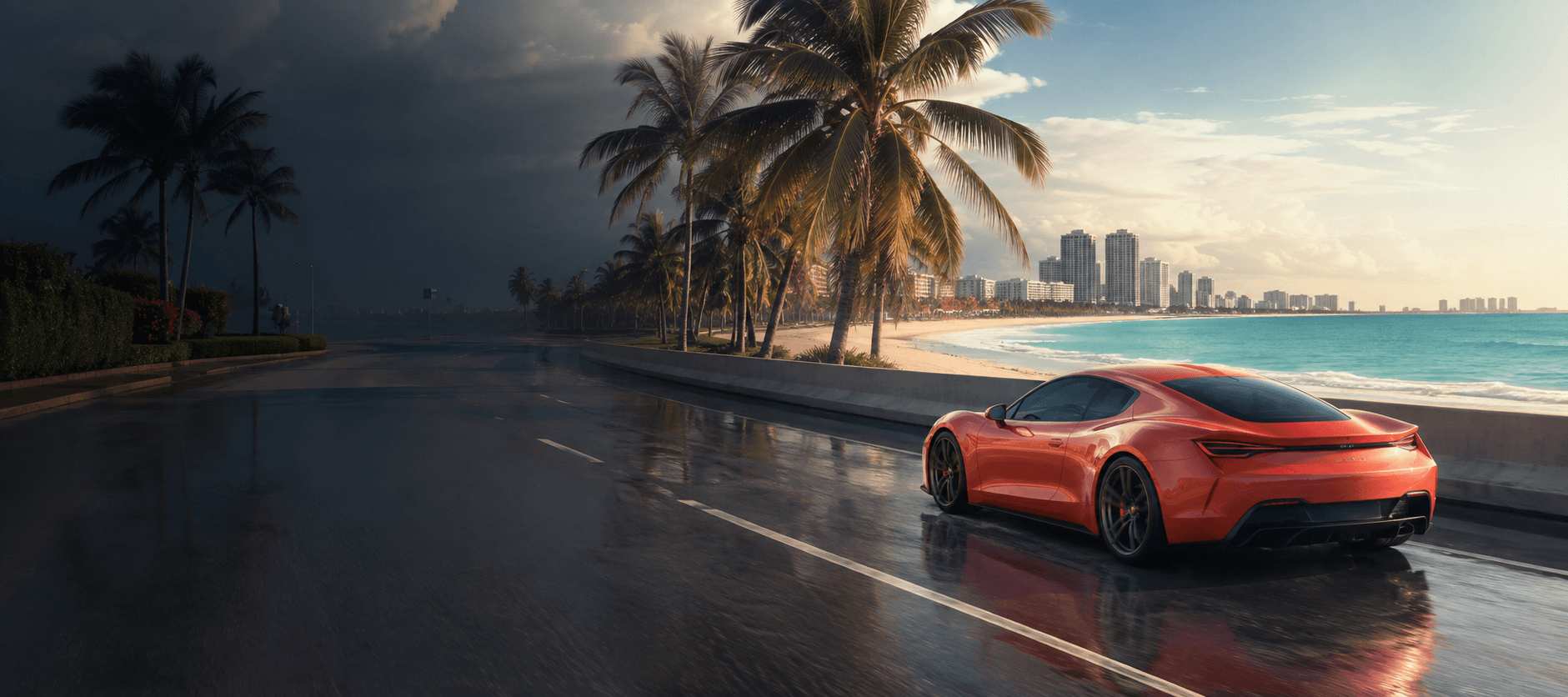 An unbranded coral performance car on a palm-lined South Florida road beside turquoise water